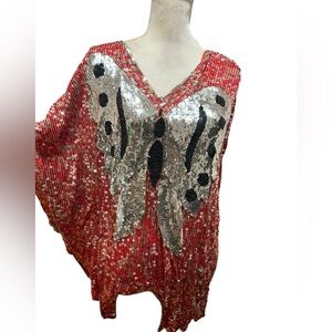 VTG 80s headstock Red Sequin Butterfly Poncho top